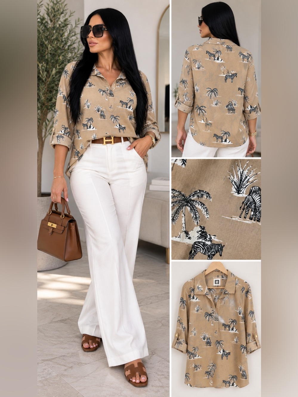Anne Klein Tan Safari-Print Button Front Blouse